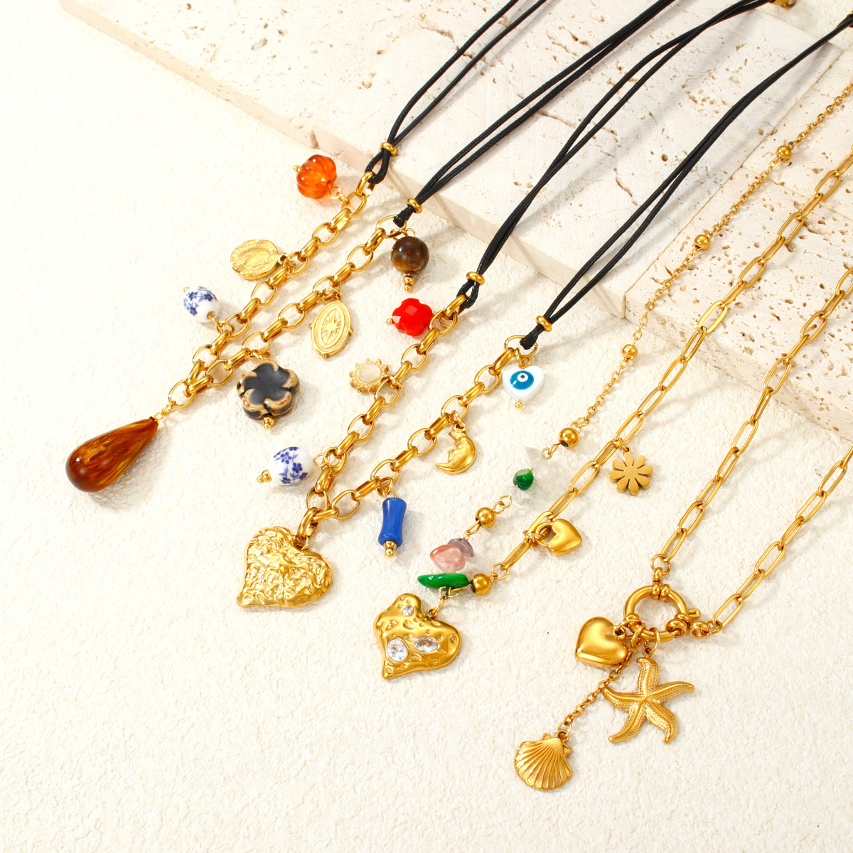 复古 18K 金不锈钢红玛瑙草太阳心月亮贝壳吊坠项链