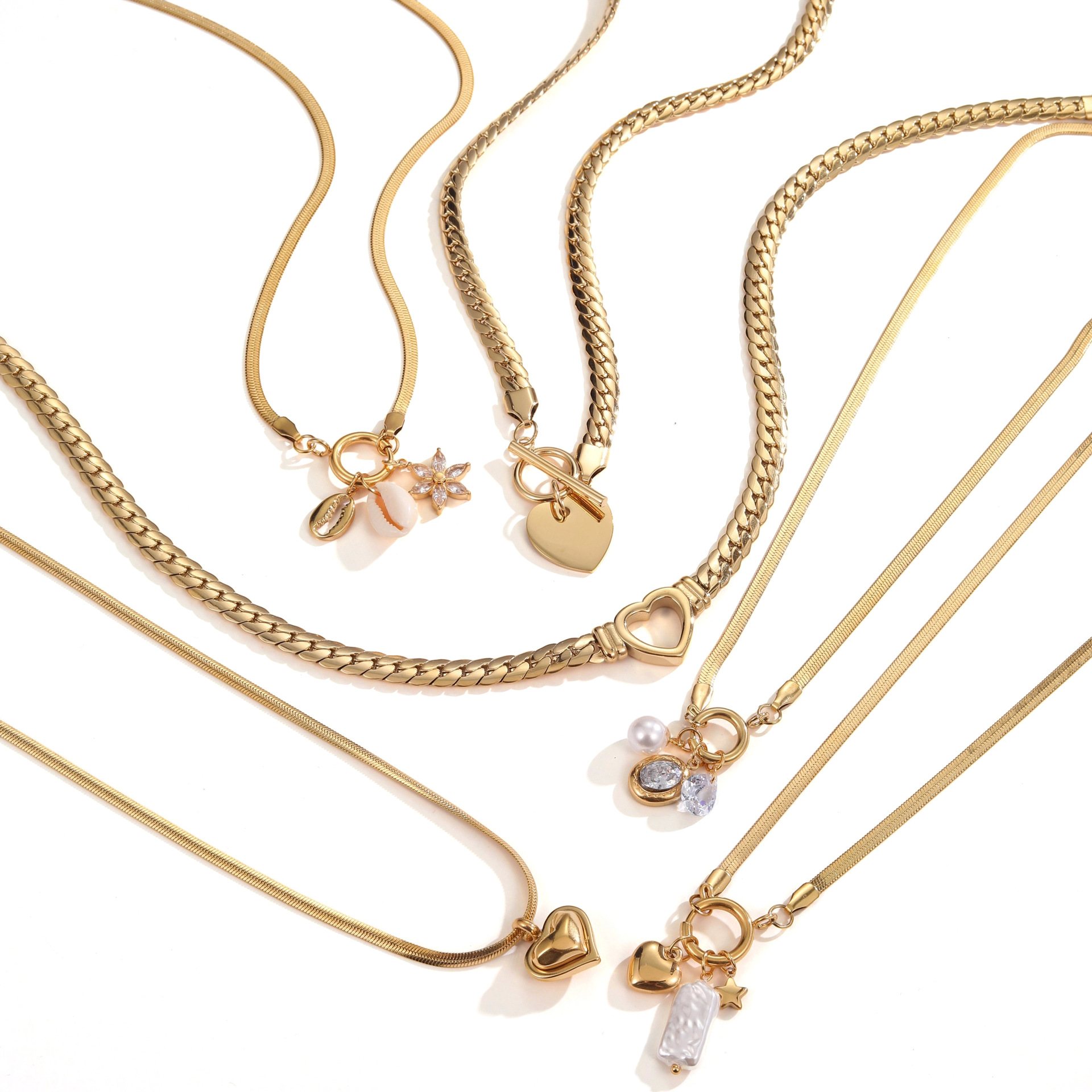 批发不锈钢镀金珍珠爱心锆石字母吊坠防水项链