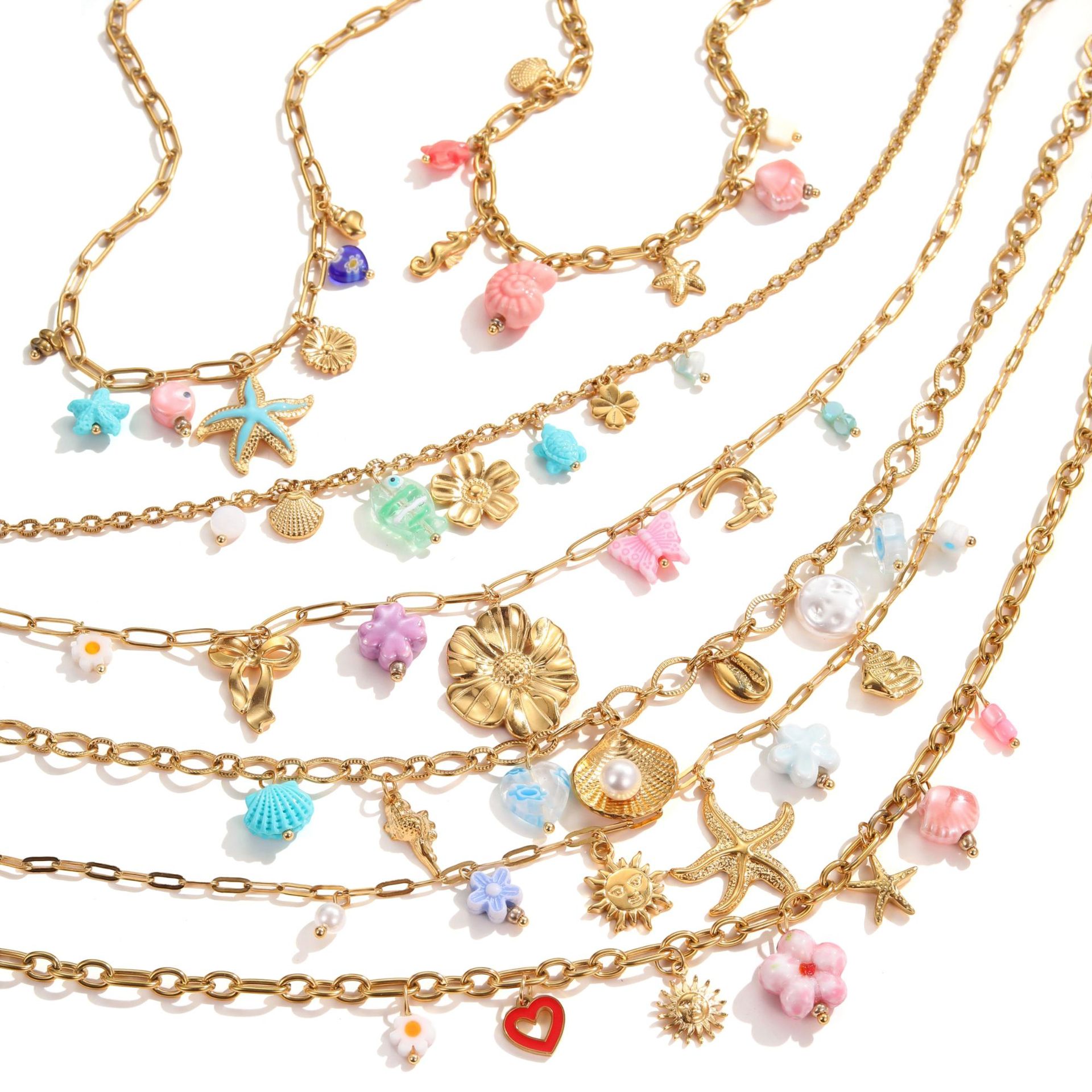 批发不锈钢18k镀金夏季沙滩贝壳珍珠防水首饰项链