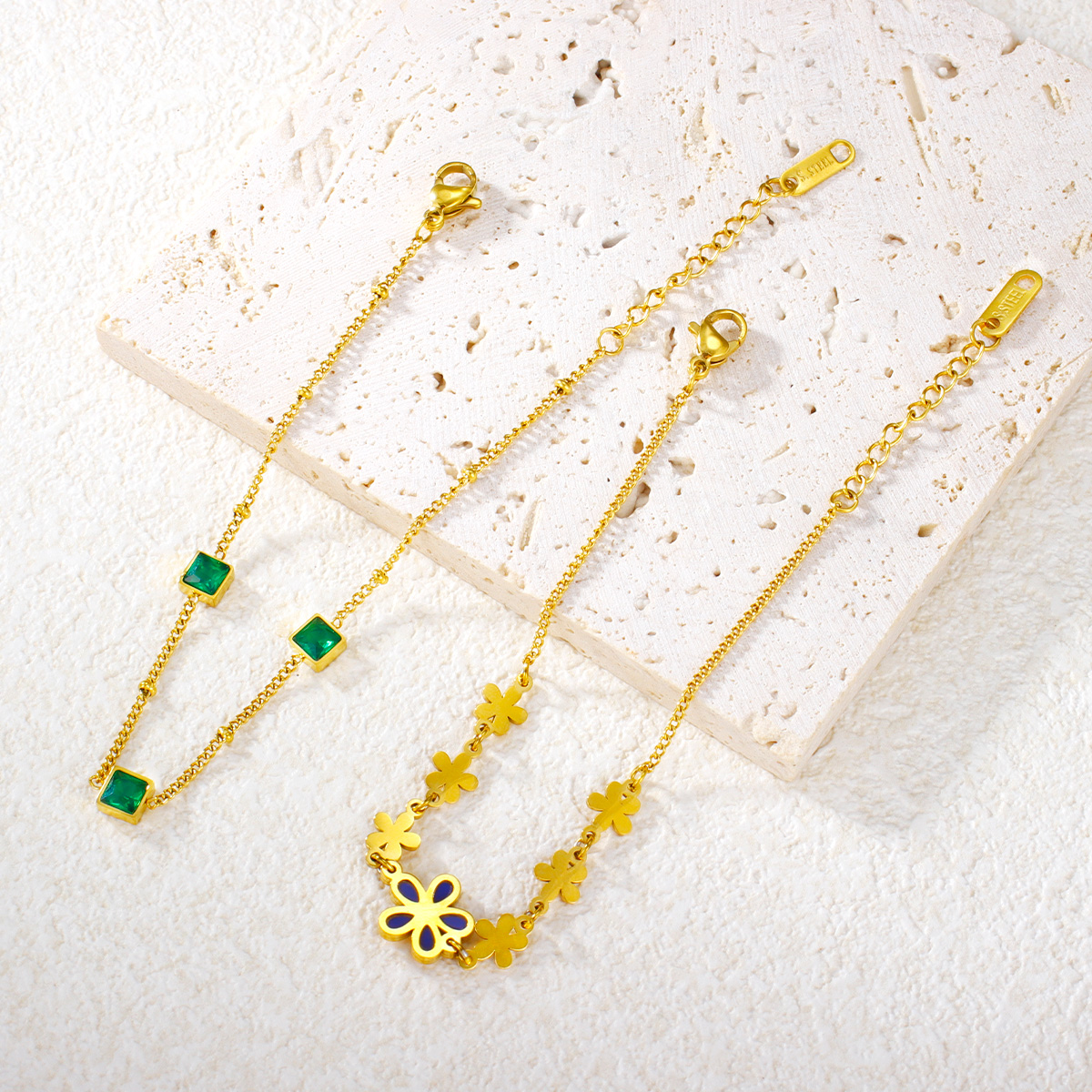 法式优雅几何不锈钢方形祖母绿锆石吊坠手链