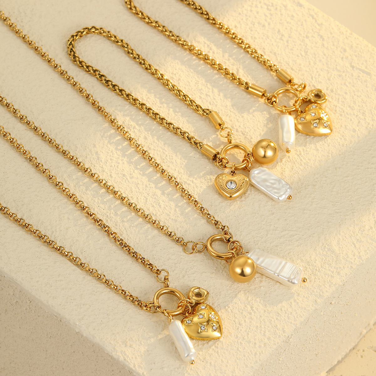 高品质不锈钢防水金珍珠水钻DIY心形吊坠